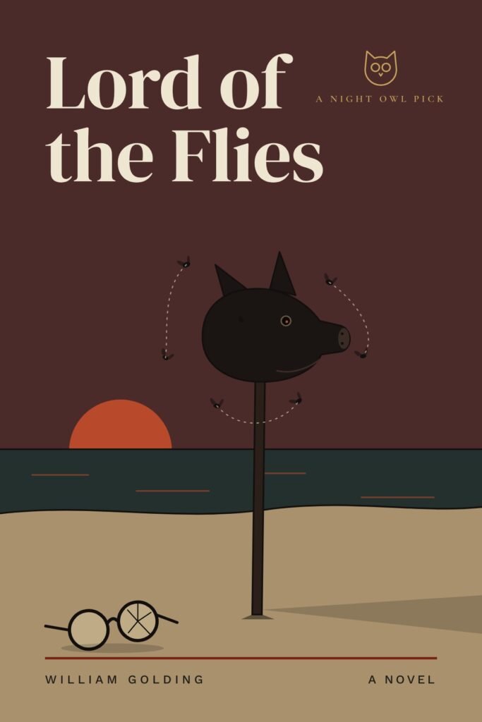 Lord of the Flies by William Golding, cover by Lisanne Swart: a pig’s head on a stick surrounded by flies on a beach at dusk, with Piggy’s cracked glasses in the sand. A Night Owl pick.