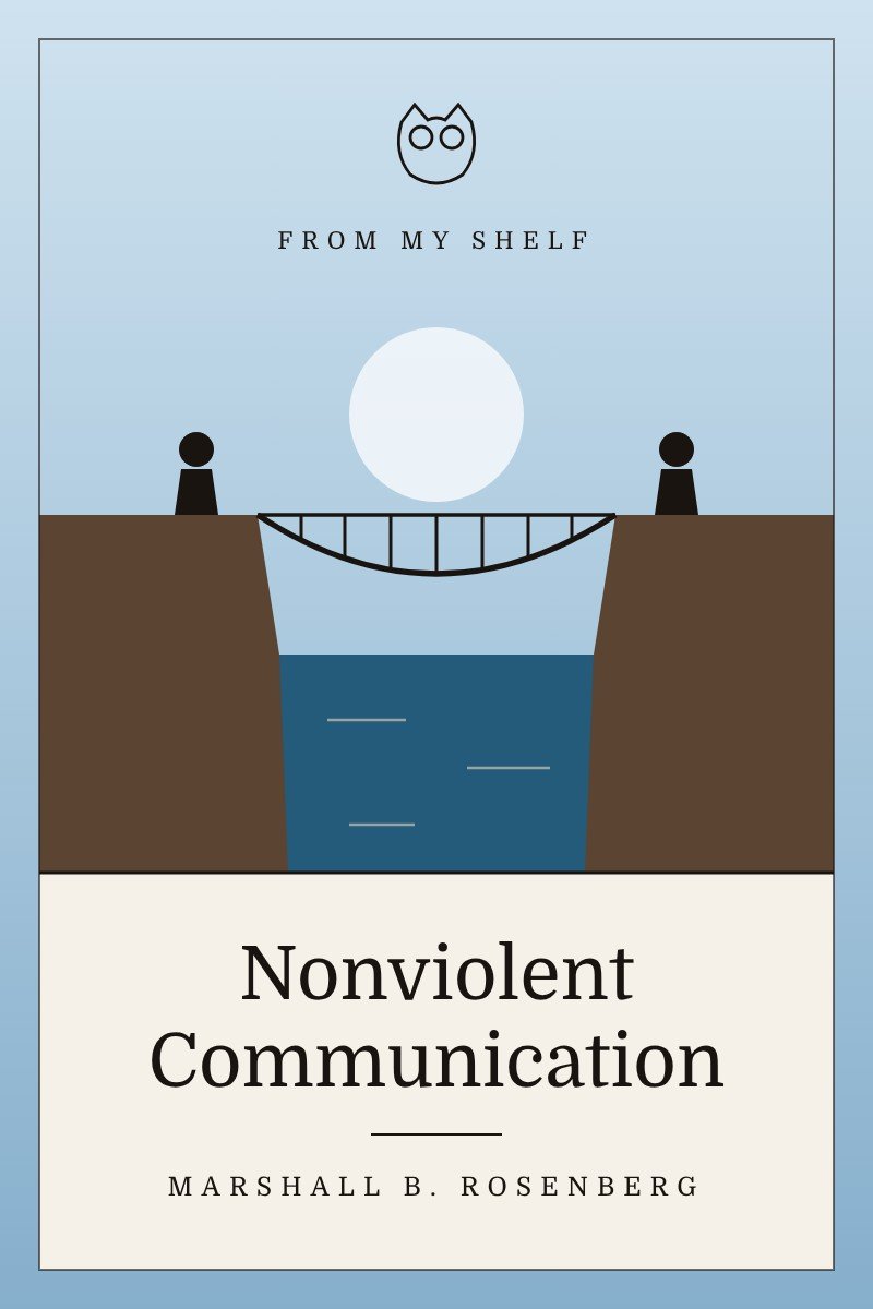 Illustrated book cover for Nonviolent Communication by Marshall B. Rosenberg: two people on opposite cliffs, joined by a small rope bridge over blue water